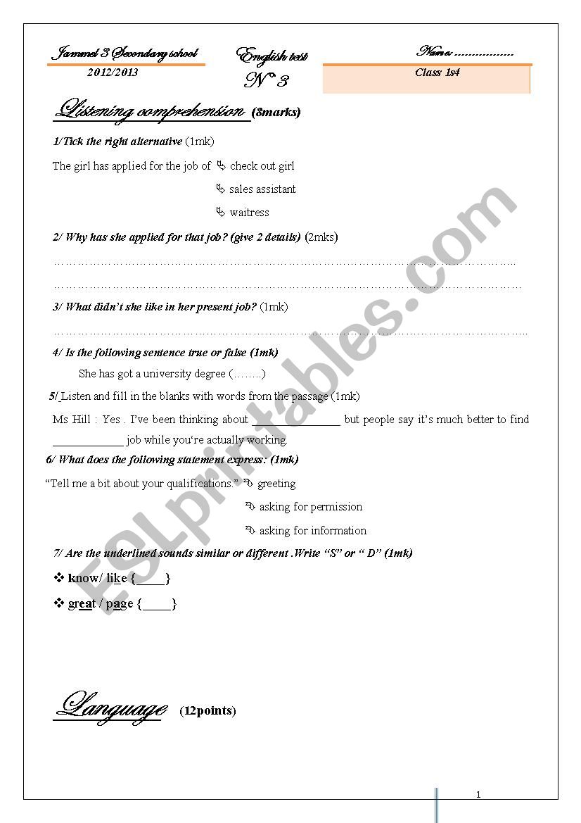 1year mid term test 3 worksheet