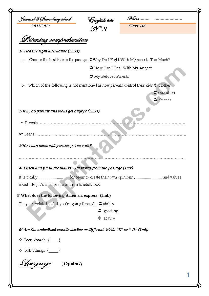 1year mid term test 3 worksheet