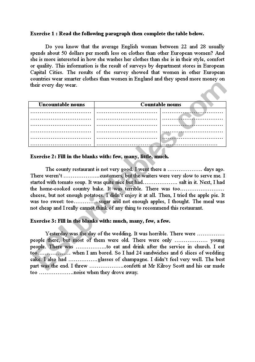 countable and uncountable nouns practice