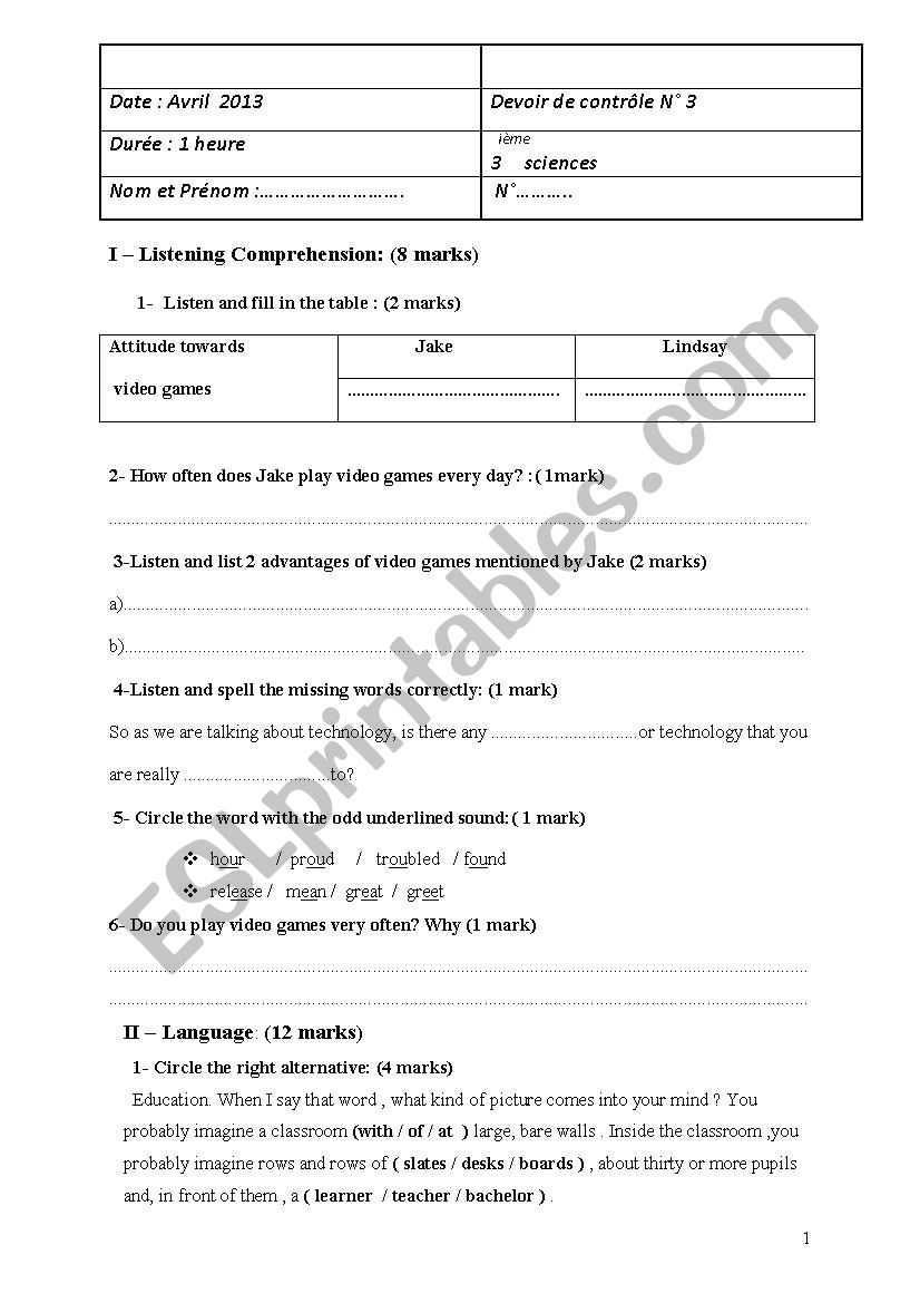 mid term test n3  3rd year , Tunisian program