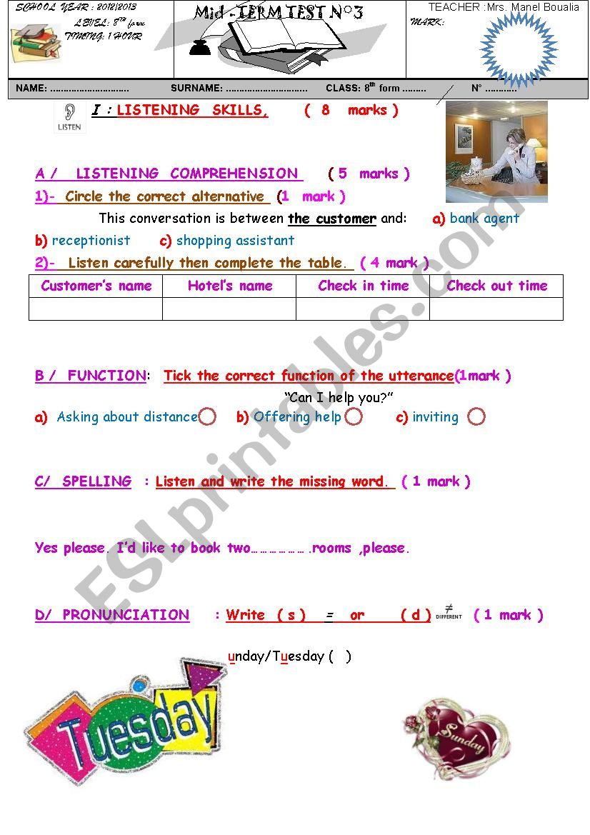 MID TERM TEST 8TH FORM worksheet