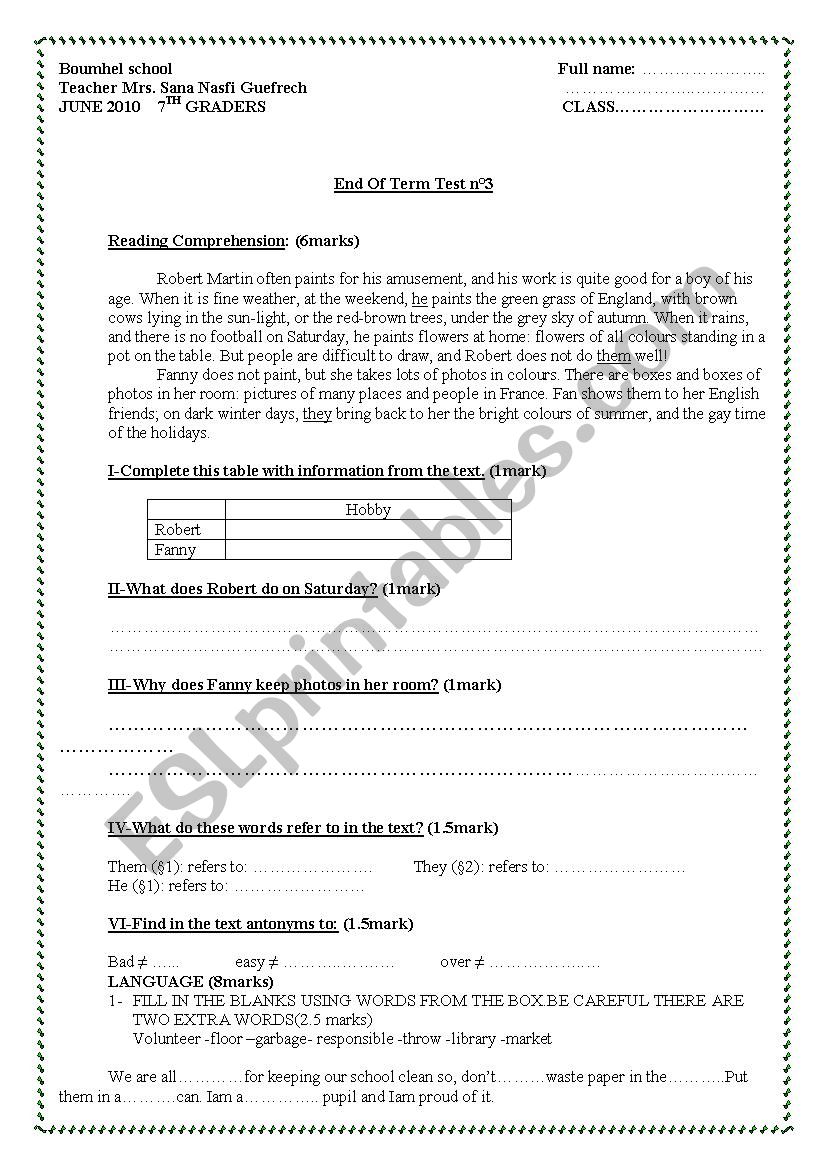 end of term test 38th graders worksheet