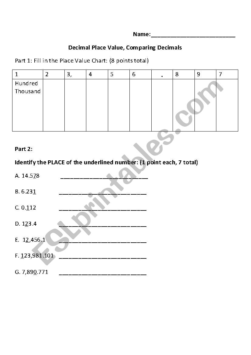 Place Value Quiz worksheet