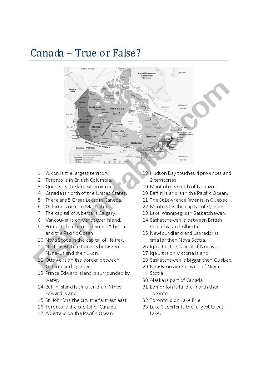 Canada: True or False? worksheet