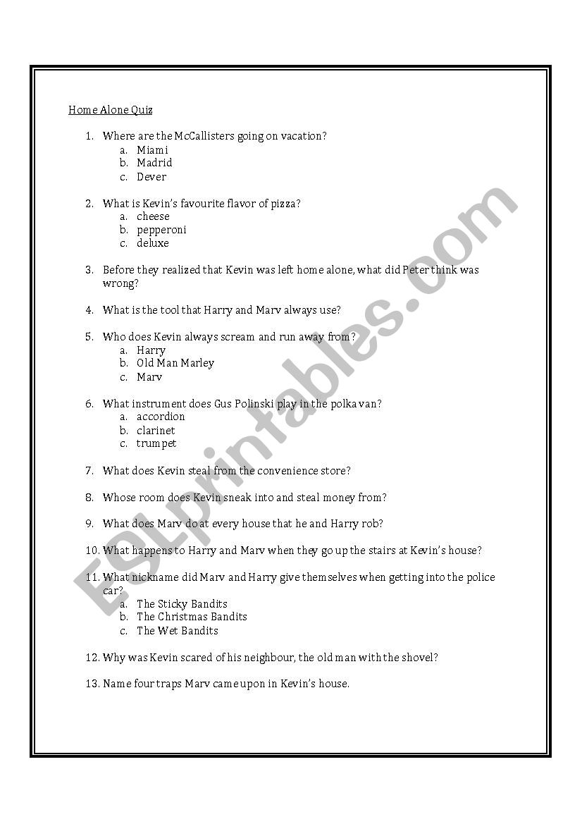Home Alone Quiz worksheet