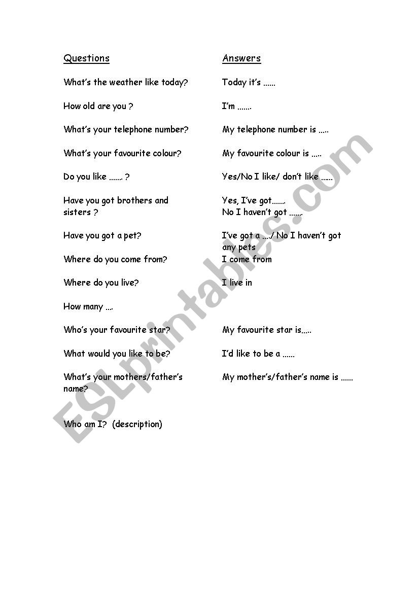 Questions and answers worksheet