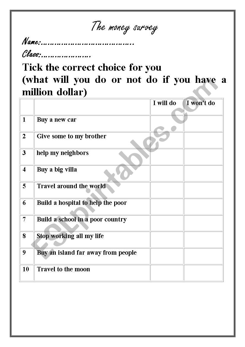  money worksheet