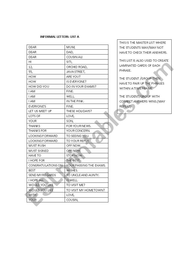 INFORMAL LETTERS;PHRASES USED-GAME