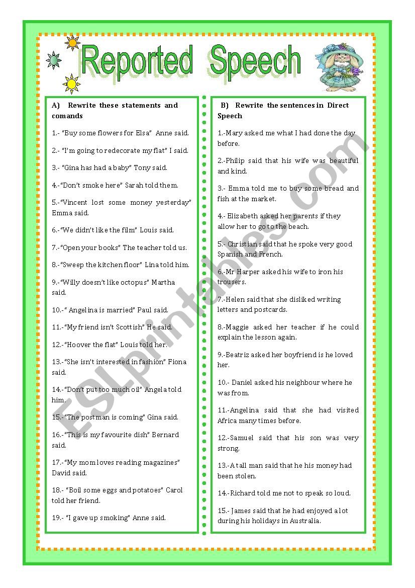 REPORTED SPEECH worksheet