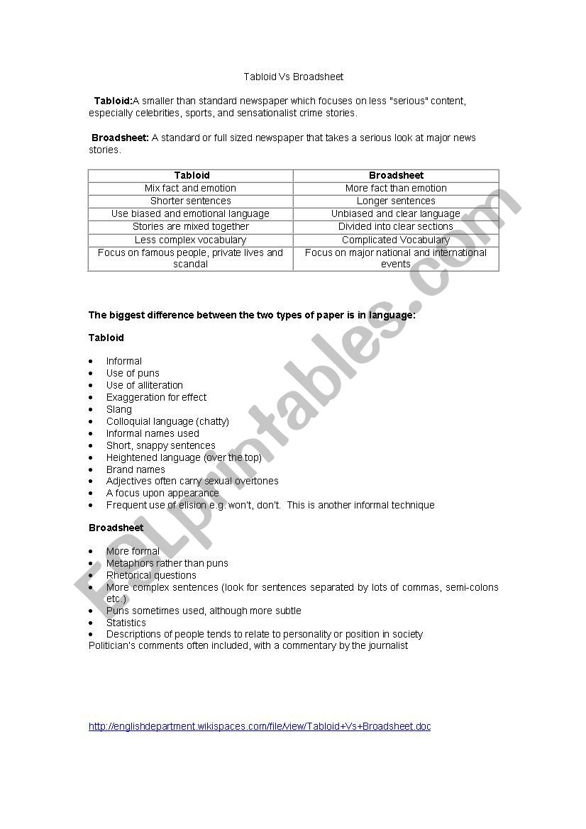 Tabloid Vs Broadsheet worksheet