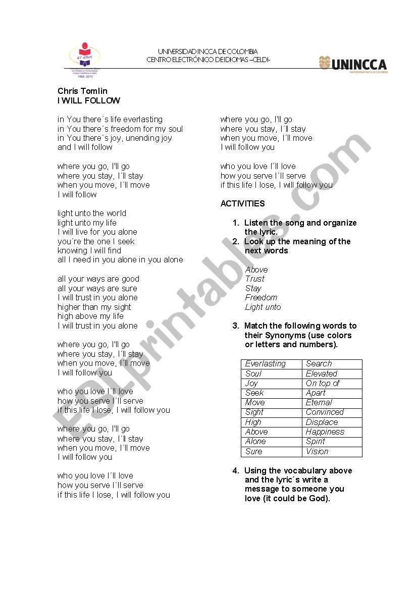 I will follow you song exercise