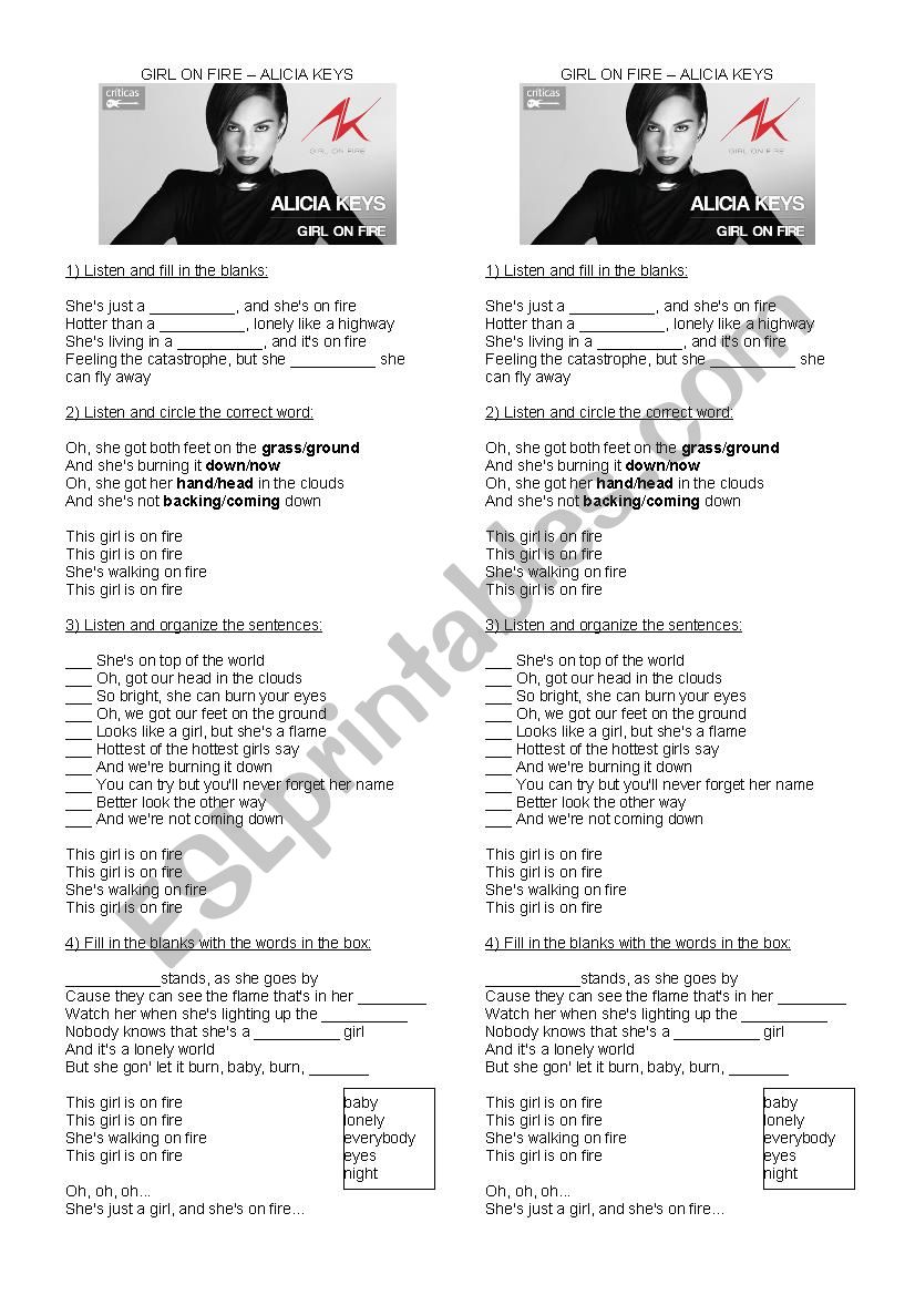 Song worksheet - Girl on Fire worksheet