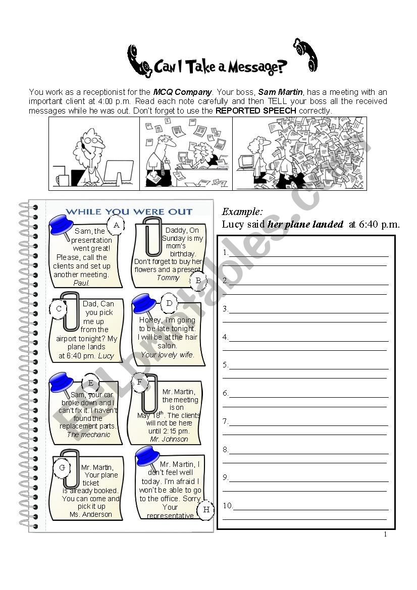 Reporting messages worksheet