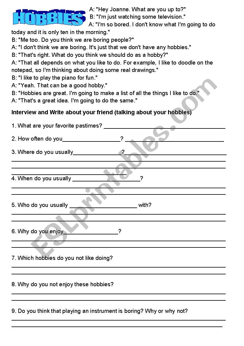 hobbies worksheet