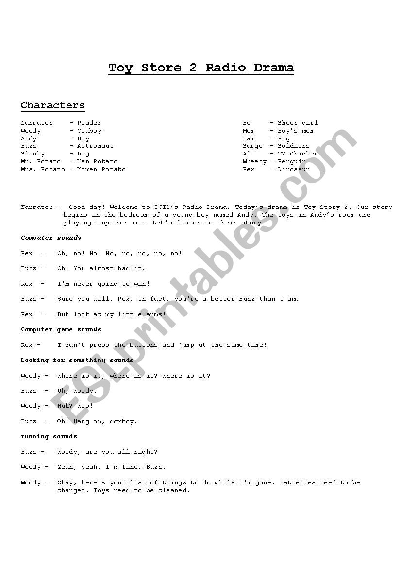 Toy Story Radio Drama Script  worksheet