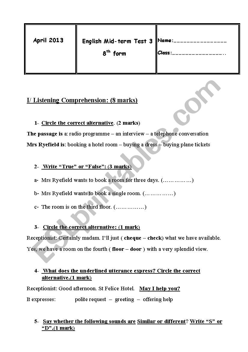mid term test 3 8th form worksheet