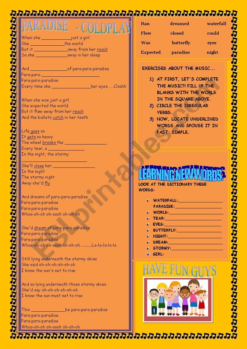 Paradise - Coldplay song and nursery…: English ESL worksheets pdf