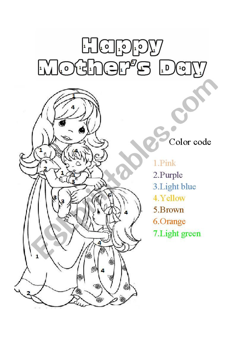 Mothers day color by numbers worksheet