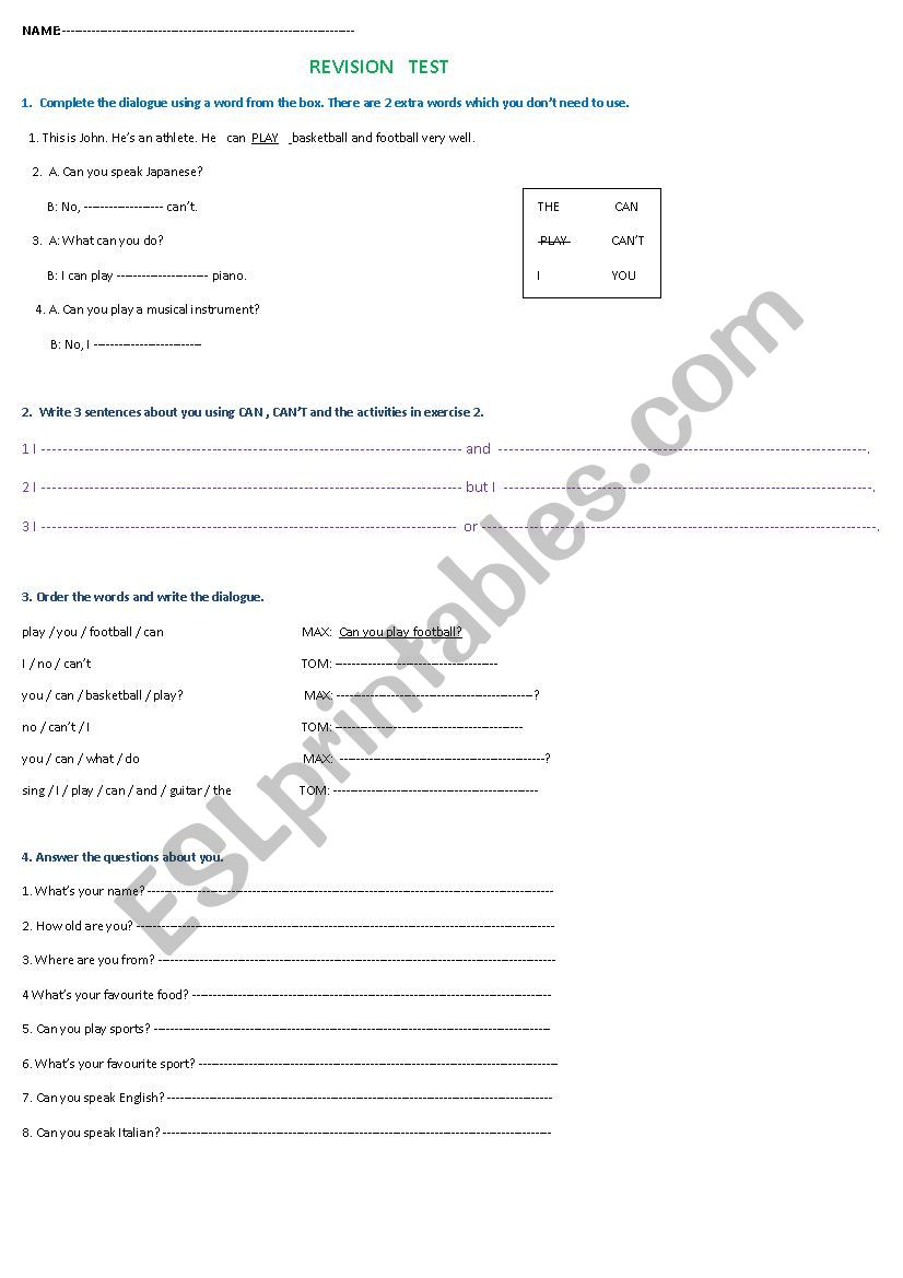 Revision Test worksheet