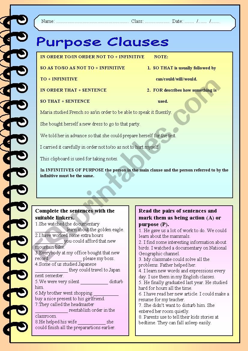 Purpose clauses worksheet