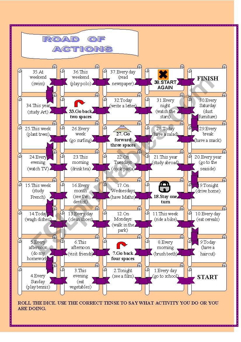 present simple and progressive gameboard