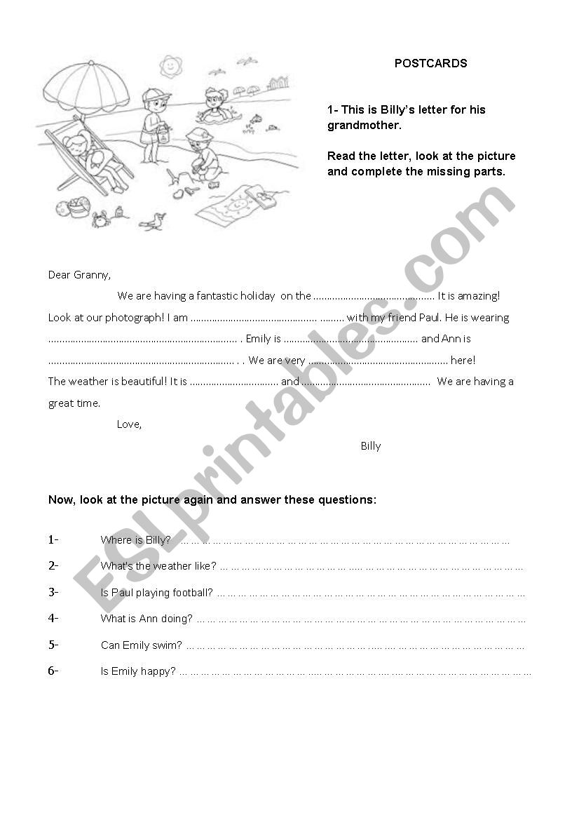 Writing a postcard- Holidays worksheet