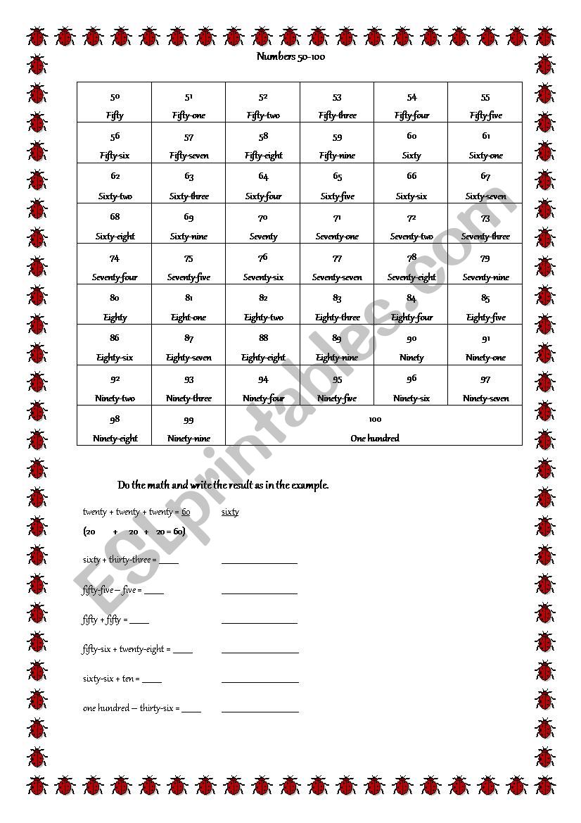 Numbers 50 100 Worksheets