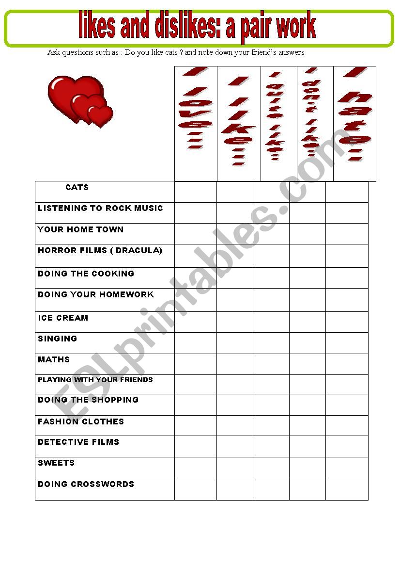 LIKES AND DISLIKES /PAIR WORK ACTIVITY