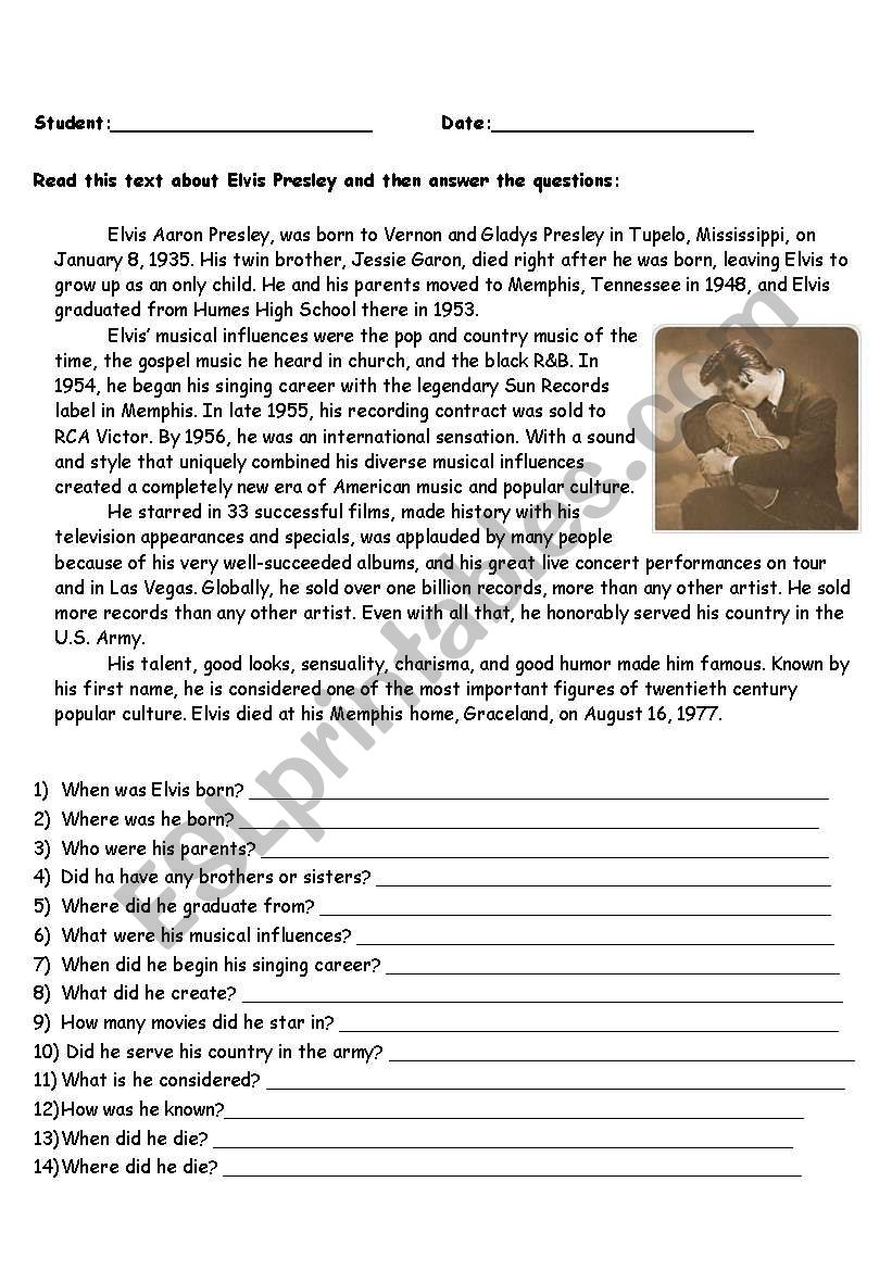 Elviss Biography worksheet