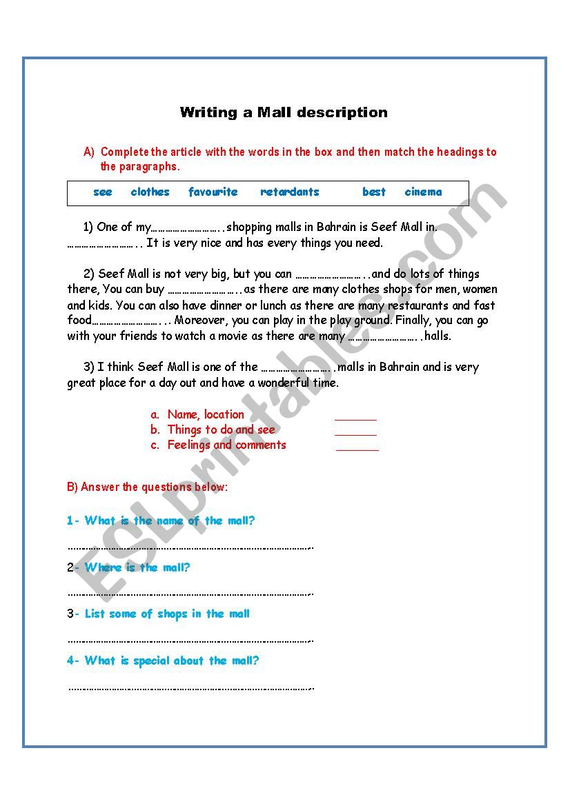 Mall description worksheet