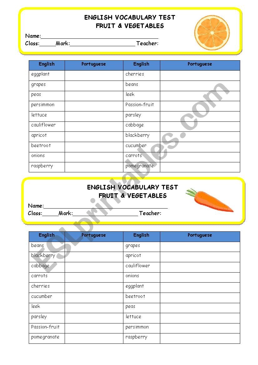 Mini Test - Fruit & Vegetables