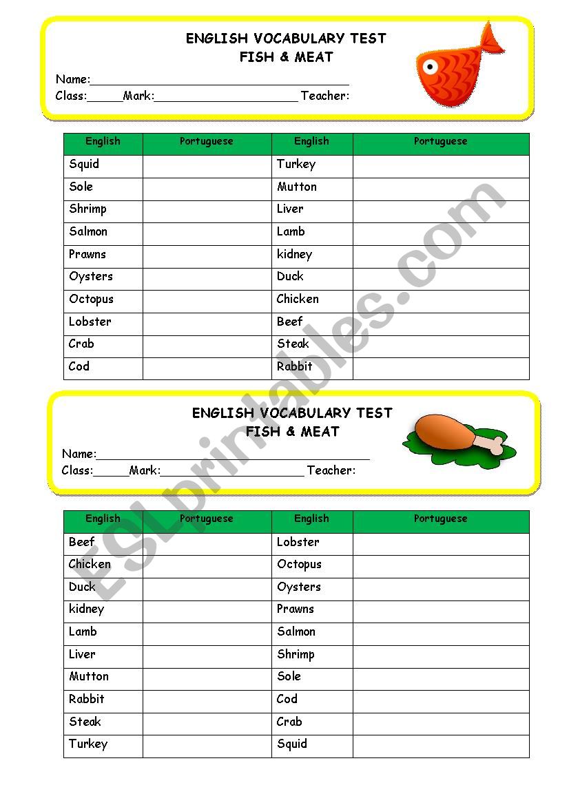 Mini Test - Fish and Meat Vocabulary