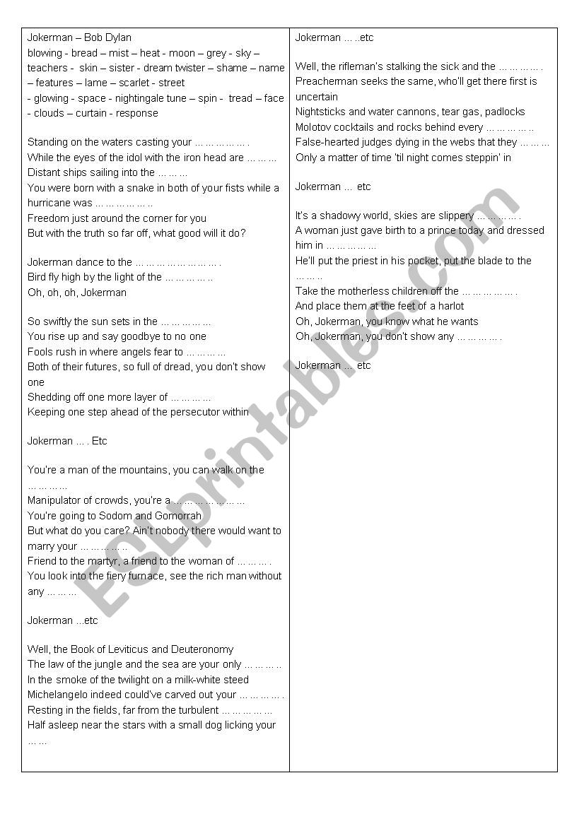 Jokerman, Bobo Dylan worksheet