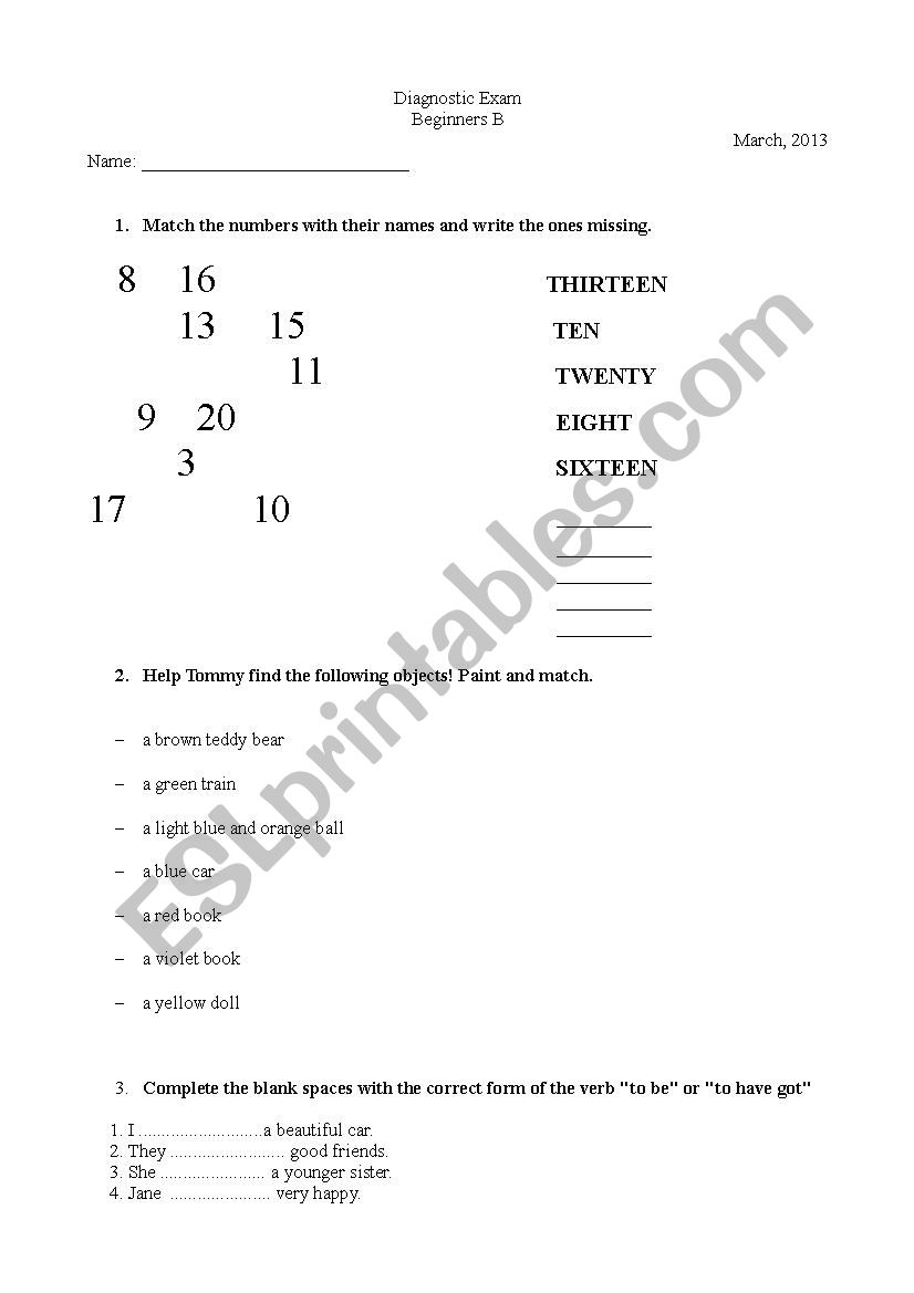 Diagnostic exam for beginners worksheet