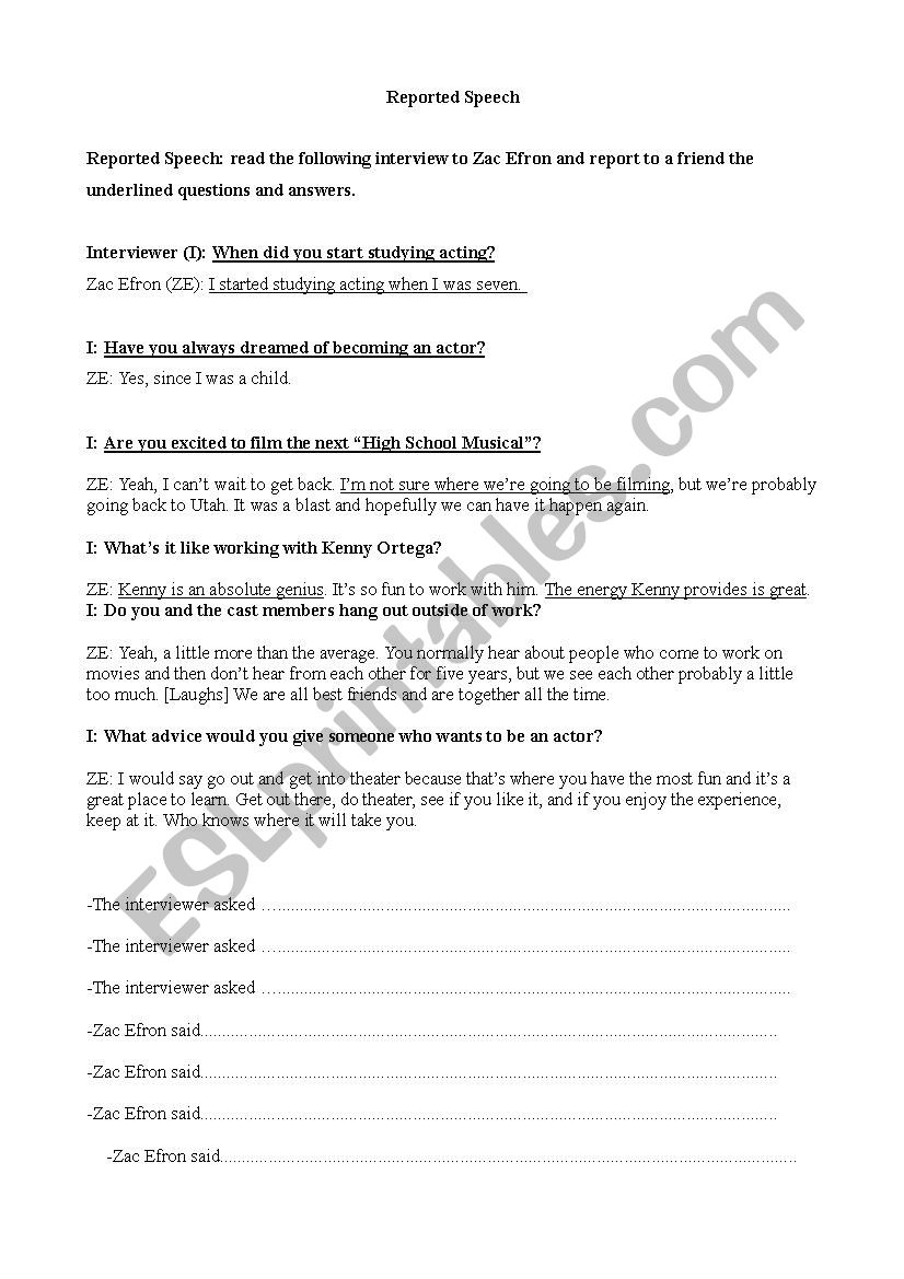 Reported Speech worksheet