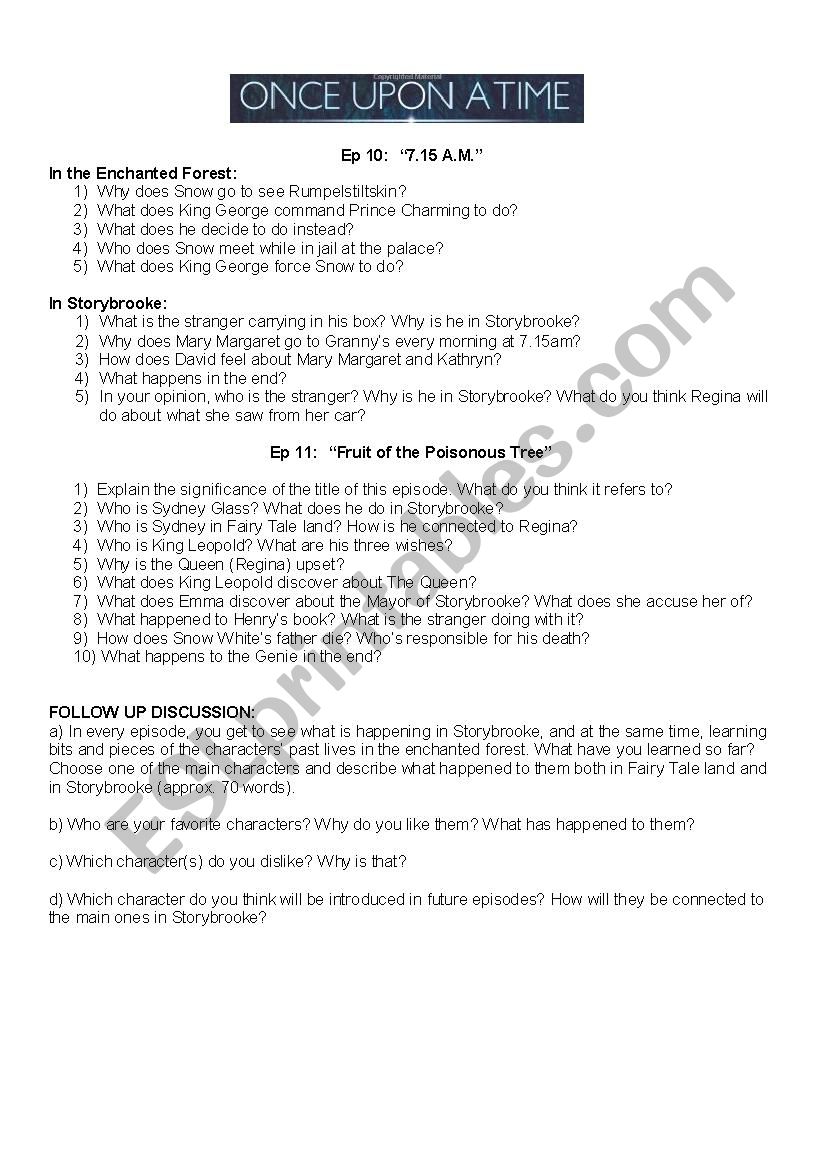 Once Upon a Time - Worksheet episodes 10 and 11