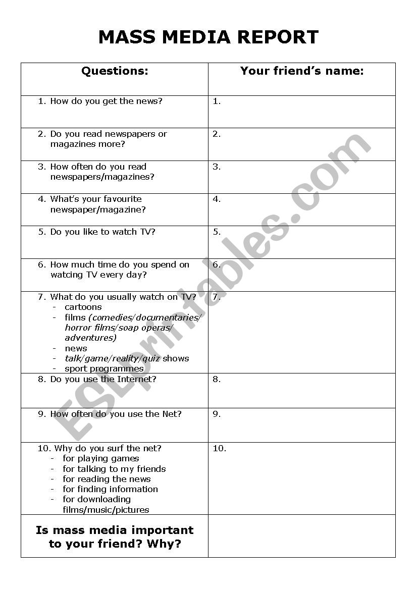 mass media report worksheet