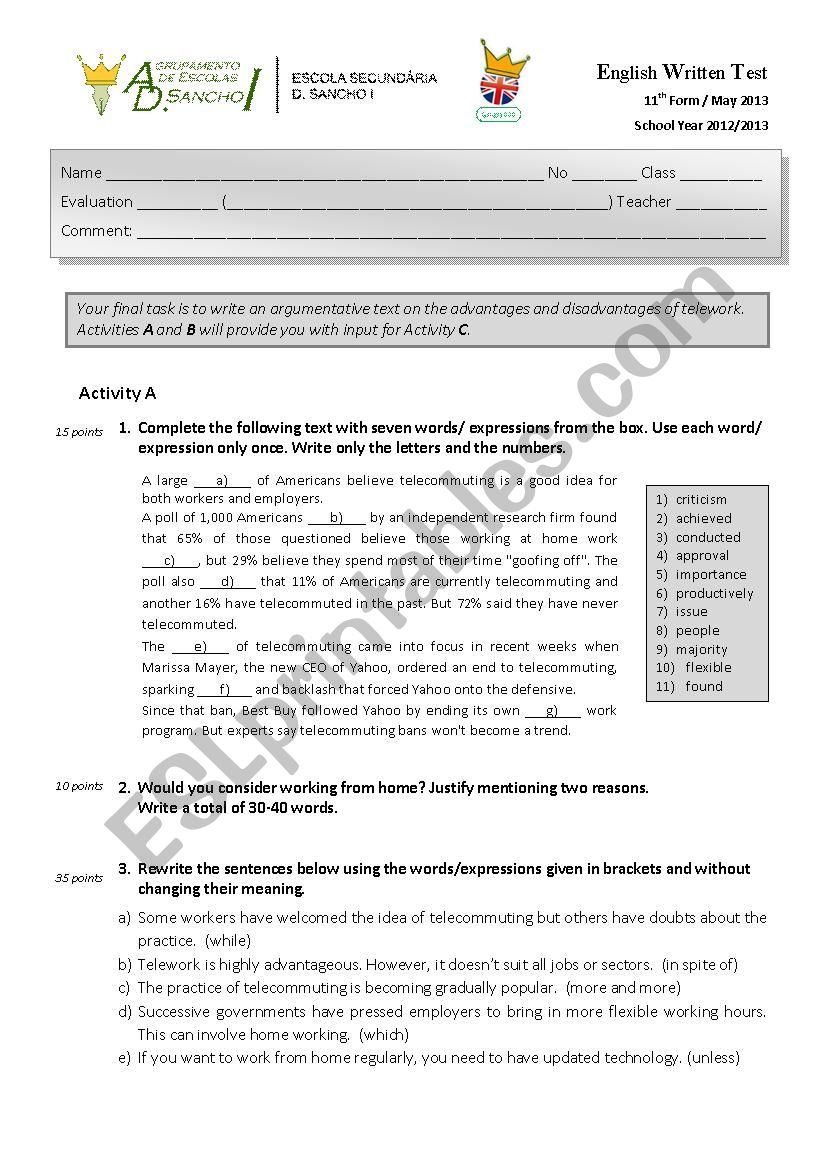 Written test about Telework/Telecommuting