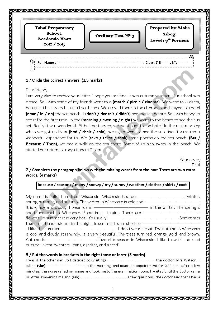 Ordinary Test worksheet