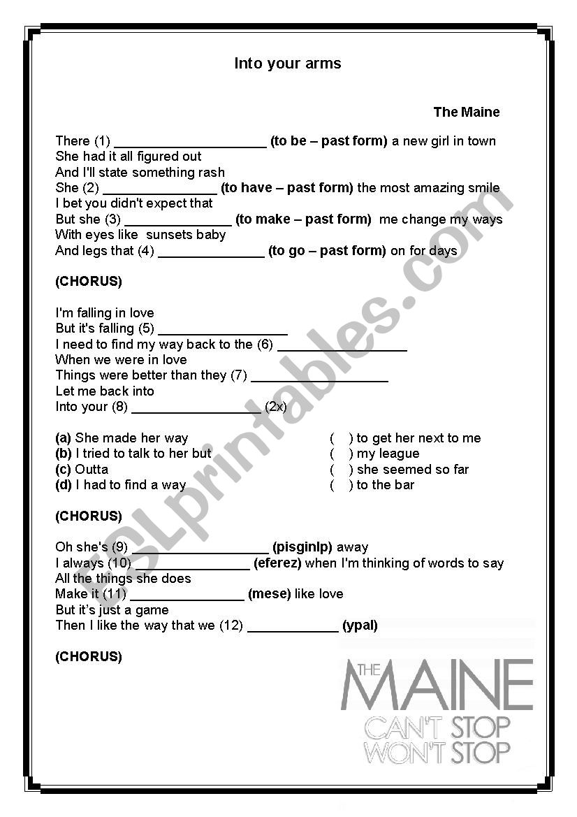 The Maine - Into your arms worksheet