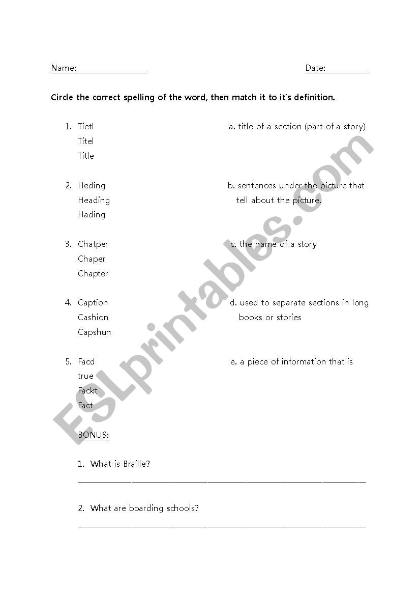 Elements in a story worksheet