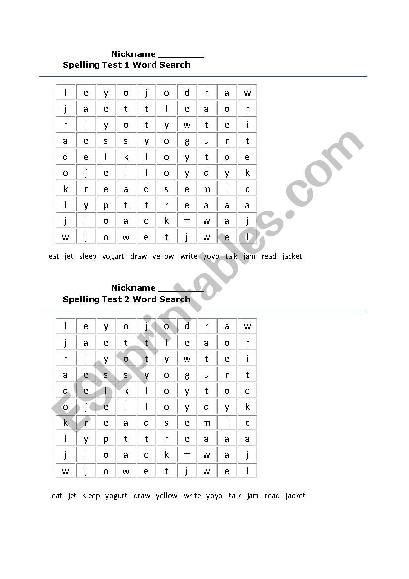 Grade 2 Spelling test wordsearch