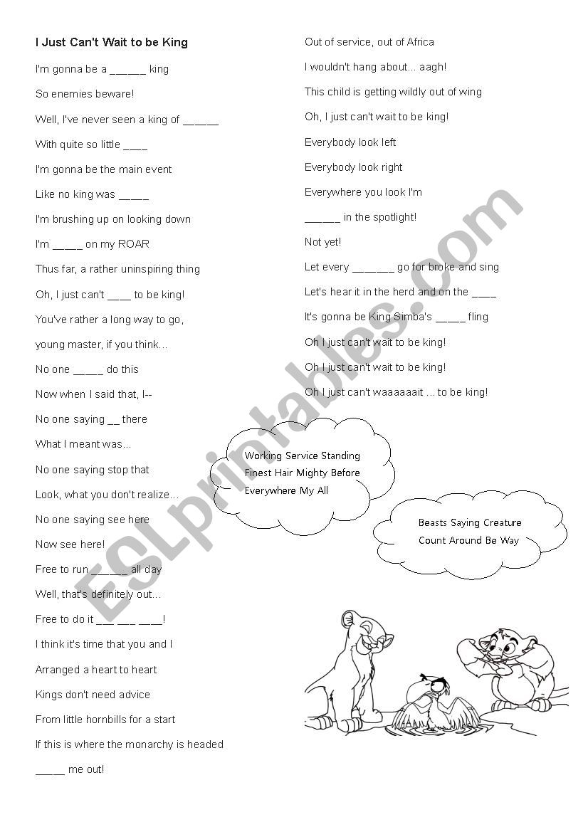 The Lion King Gapfill - Just Can't W…: English ESL worksheets pdf