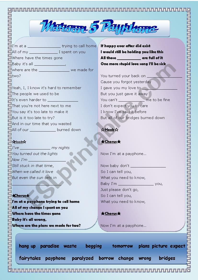 Maroon 5- Payphone (Clean Version) lyrics fill in the blanks