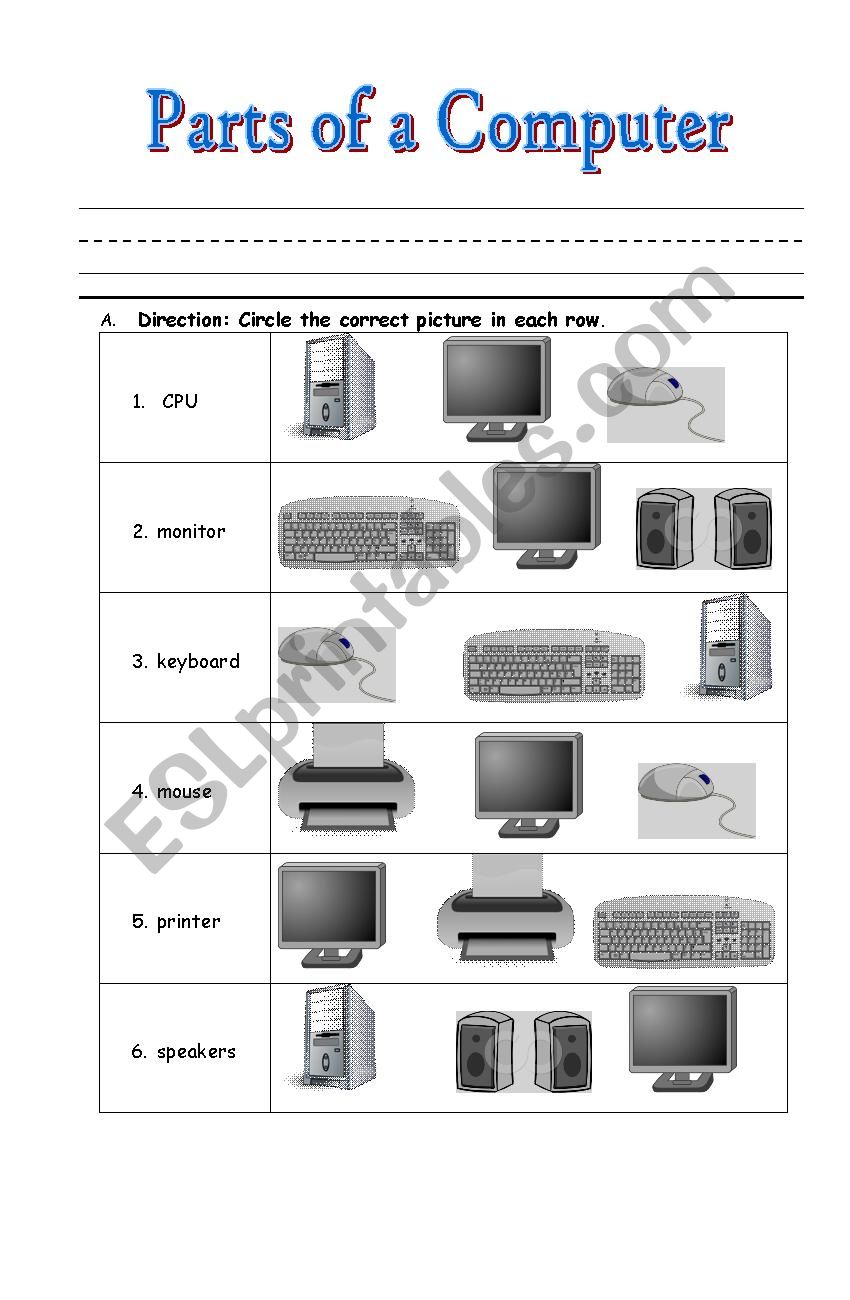 Computer Parts - ESL worksheet by lalainee With Parts Of A Computer Worksheet