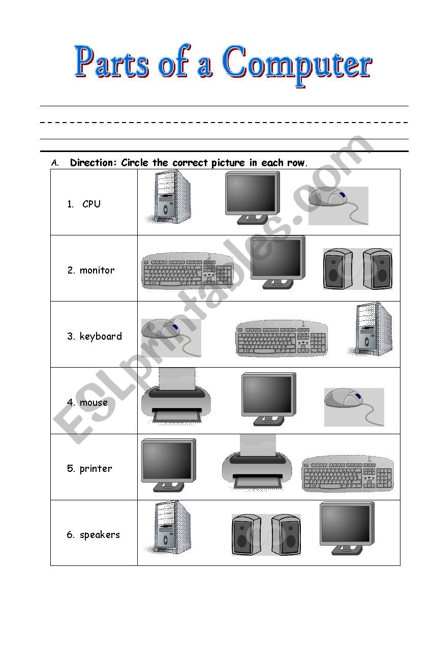 Parts Of A Computer Worksheet