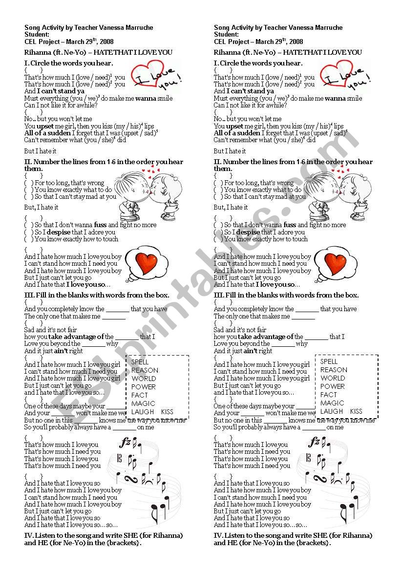 Rihanna_Hate that I love you worksheet