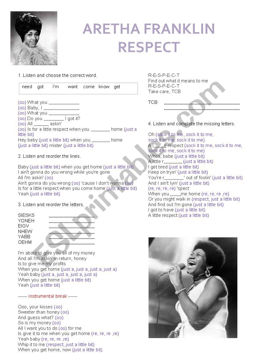 Aretha Franklin - Respect worksheet