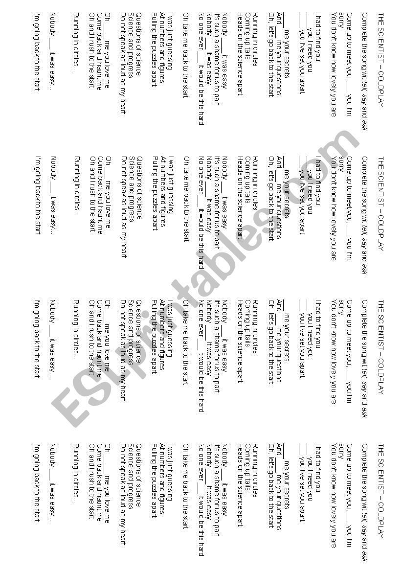 The Scientist - Coldplay worksheet