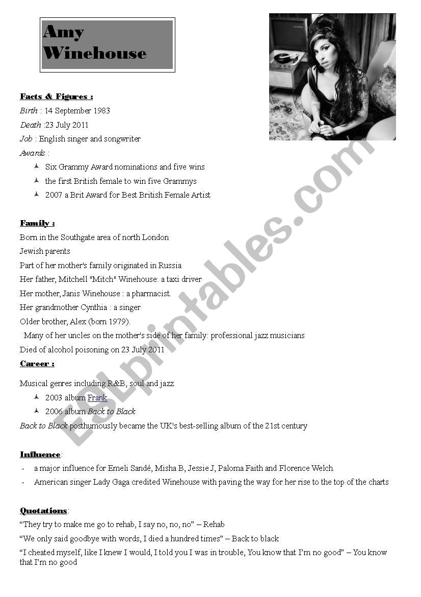 Amy Winehouse worksheet